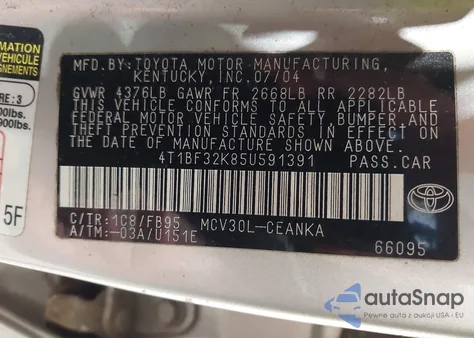 2005 Toyota Camry Le V6 z USA, uszkodzony, nr VIN 4T1BF32K85U591391